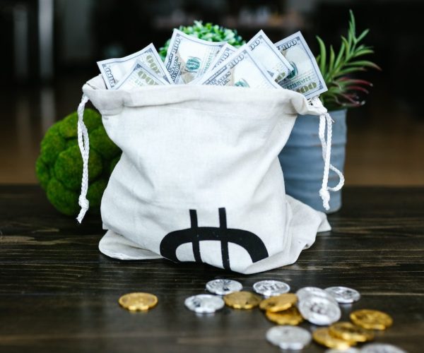 Money on a Tote Bags and Coins on the Table